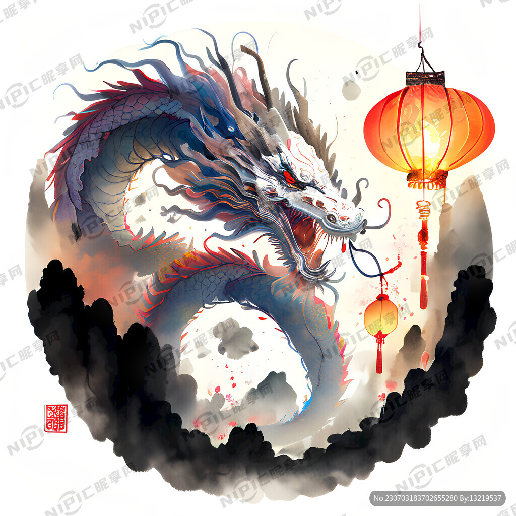 龙年插画 龙 喜庆 灯笼 鞭炮