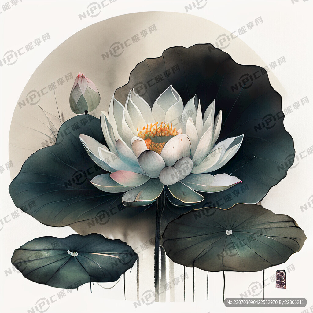 中国风 插画 荷花 荷叶 水面