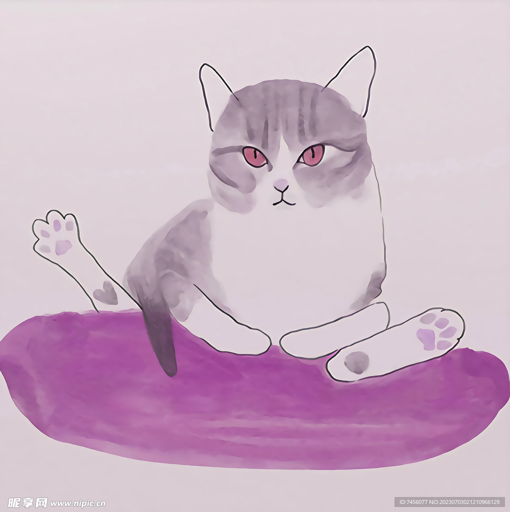 紫色水彩猫简约挂画装饰画