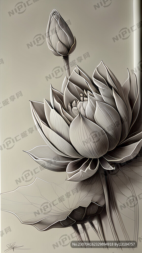 线描荷花。