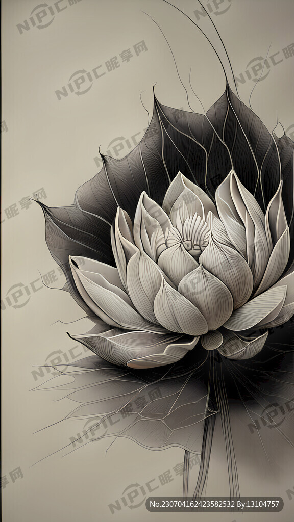 线描荷花。