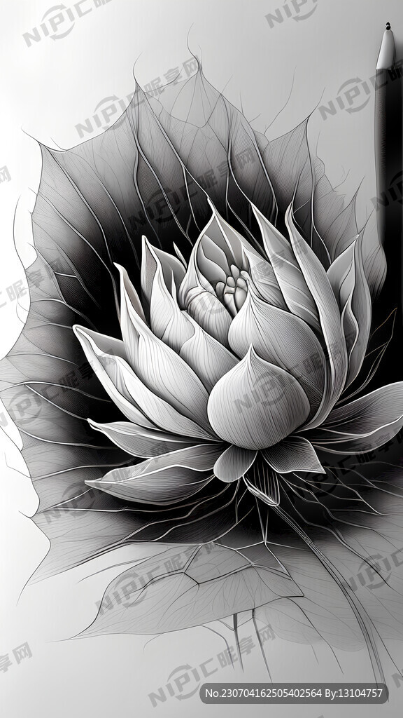 线描荷花。