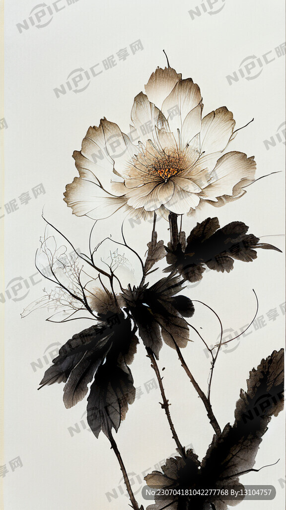 工笔线描花朵 白色背景