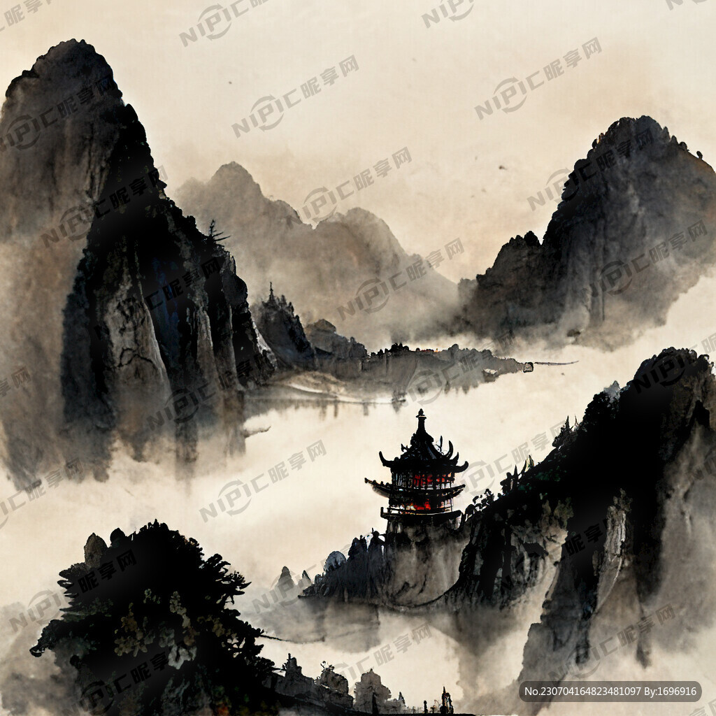 水墨 龙 湖面上 有宝塔 壮观