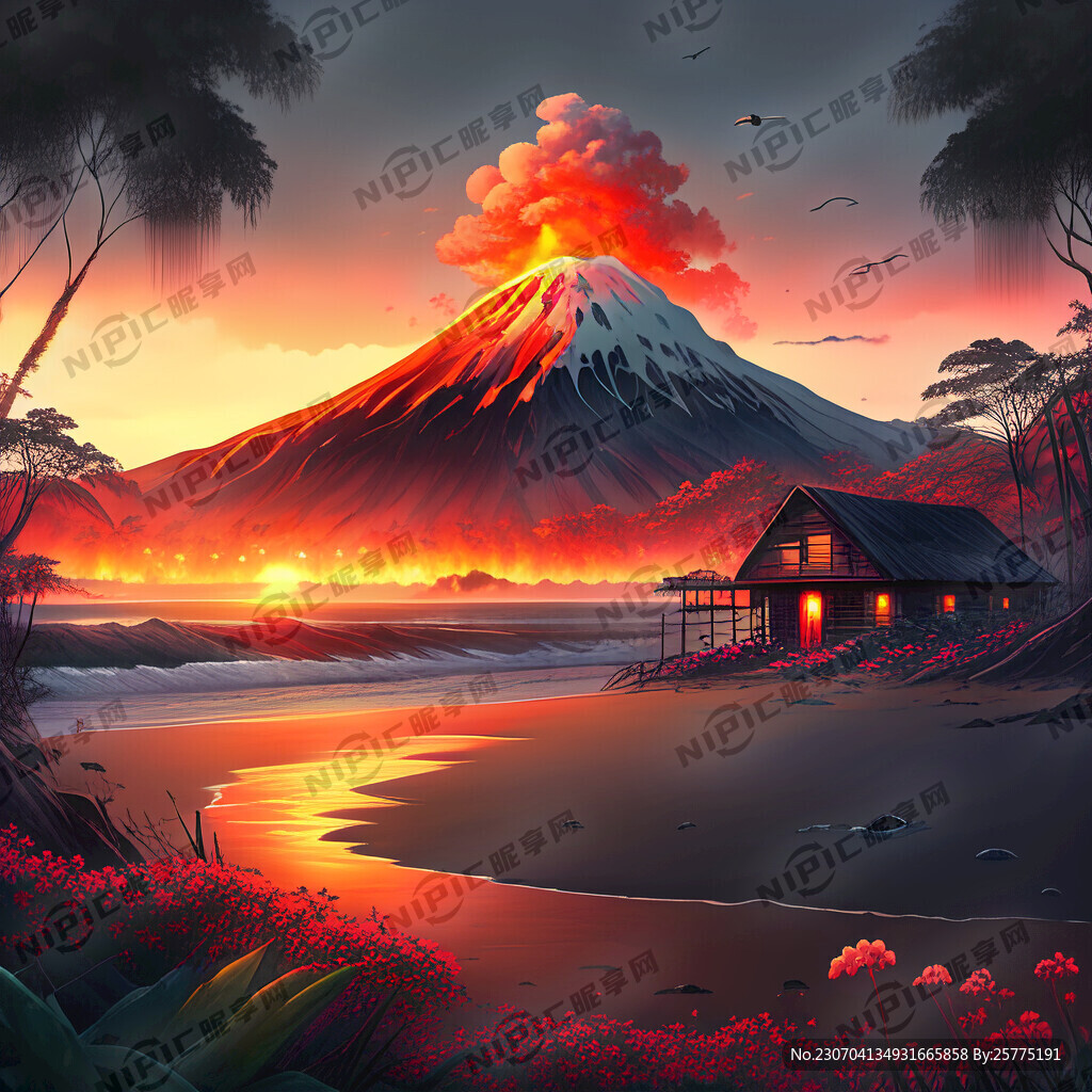 火山 海滩 日出 朝霞 雨林