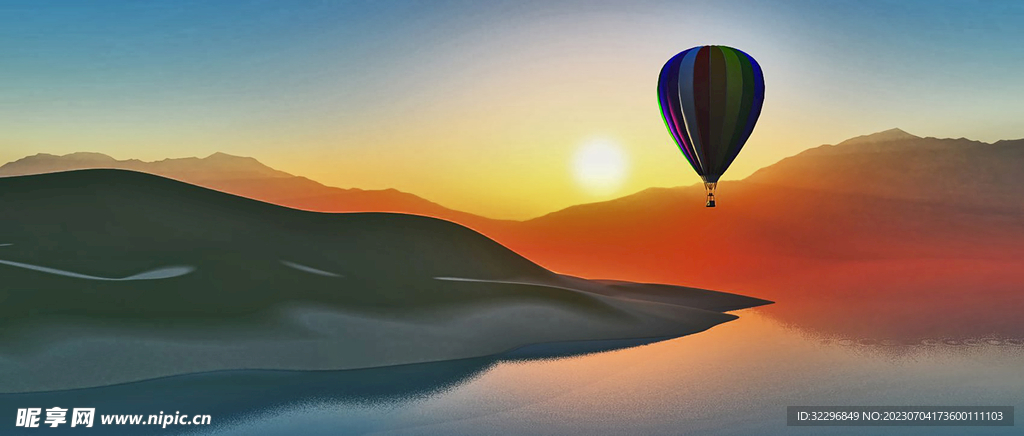 日落湖上空的热气球倒影美景