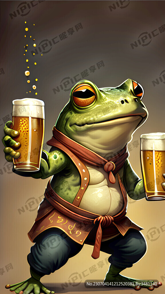 青蛙会功夫 左手拿一瓶啤酒