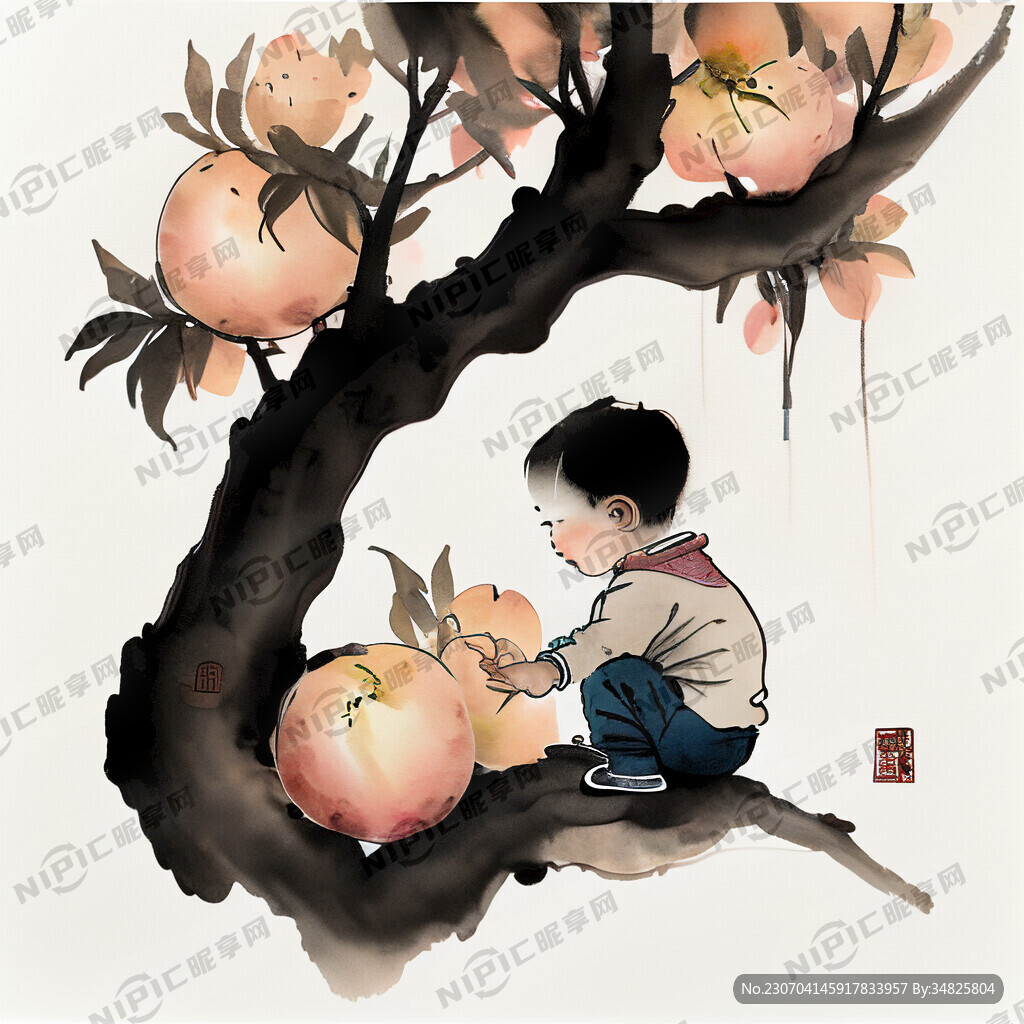 小孩 爬树 摘桃 中国风
