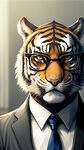 老虎，上班族，日漫风格，带着眼镜，穿着西服领带，完美光影，电影质感，高清