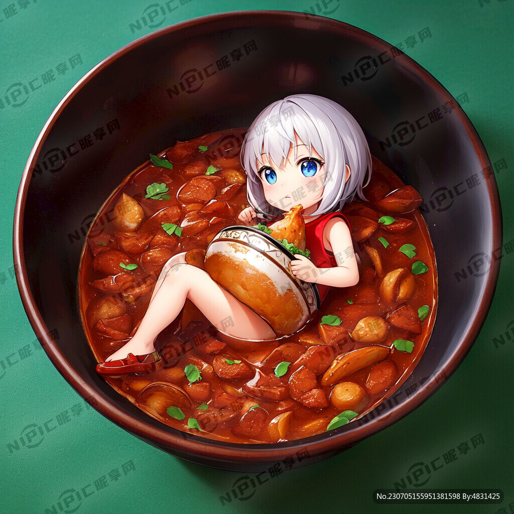 卡通小孩端着一碗辣子鸡