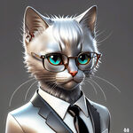 银渐层，公猫，新海诚动画风格，带眼镜，黑色西装，白色衬衫，3D模型