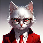 银渐层，公猫，大脸盘，新海诚动画风格，带眼镜，深红色西装，白色衬衫