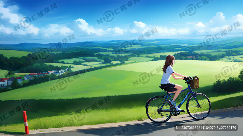 单车 少女 骑行 公路 风景