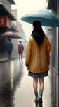 街景，女生穿雨鞋，雨后