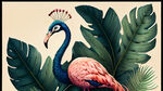 手绘植物，手绘，芭蕉，孔雀，鸟，手绘背景，手绘火烈鸟，芭蕉叶，大叶，绿色，高清，卡通动物，动物卡通，棕榈叶，棕榈，雨背景墙
