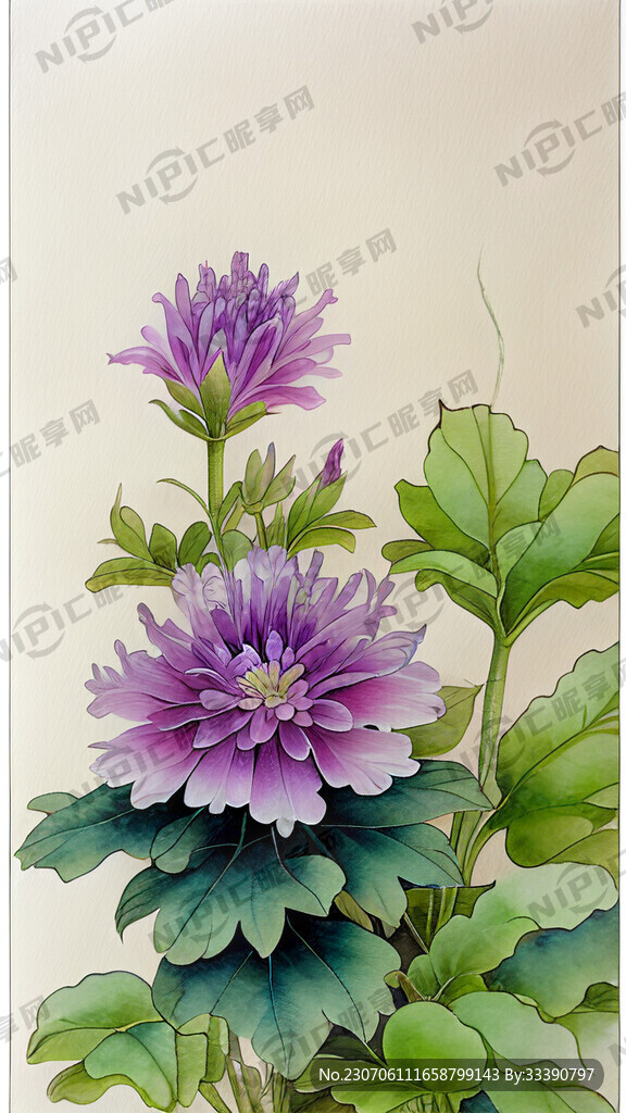 一个紫色花朵和绿色植物的图案