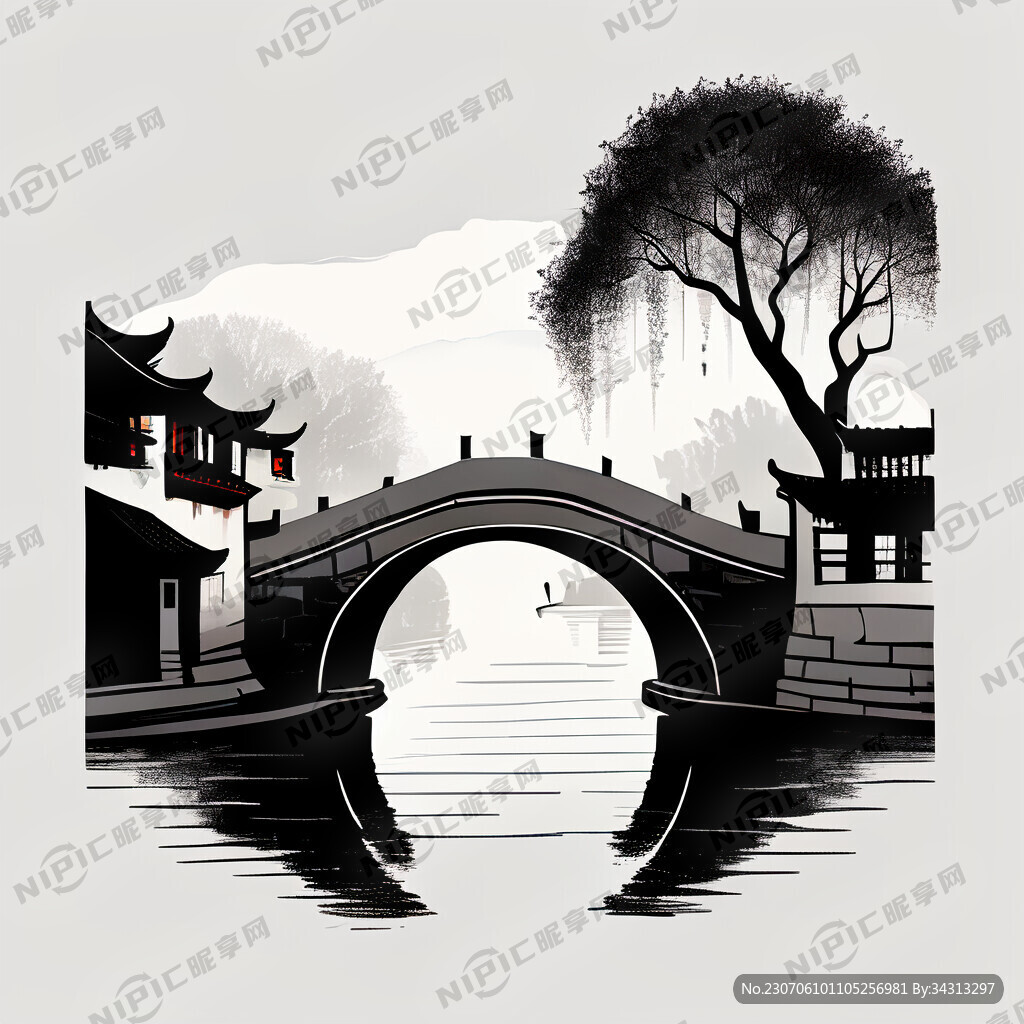 江南水乡 石拱桥 流水 黑白色