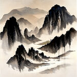 山谷，中国风，中国画，山水，水墨风格，写意，意境，高雅，高清，仙风道骨。