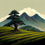 茶山，古树，色彩丰富，插画风格，细腻，