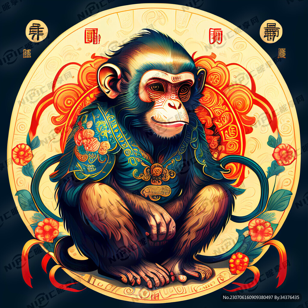 猴子 十二生肖 色彩艳丽 插画