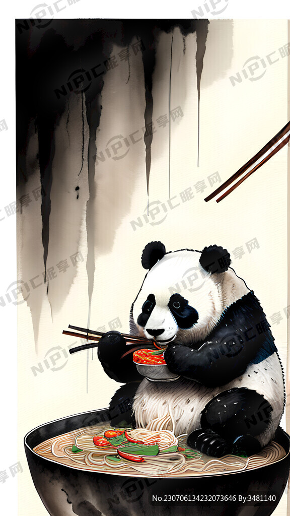 大熊猫用筷子吃米线 辣椒 大碗