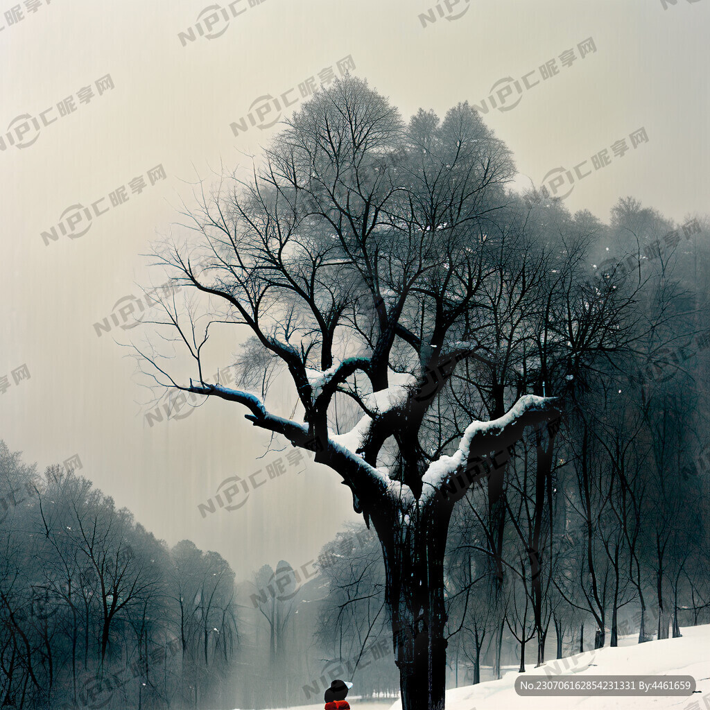孤独的人大雪纷飞河堤大树