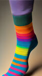 袜子，穿在脚上，袜子上有彩虹元素，有仙人掌元素侧面，色块构成，逼真