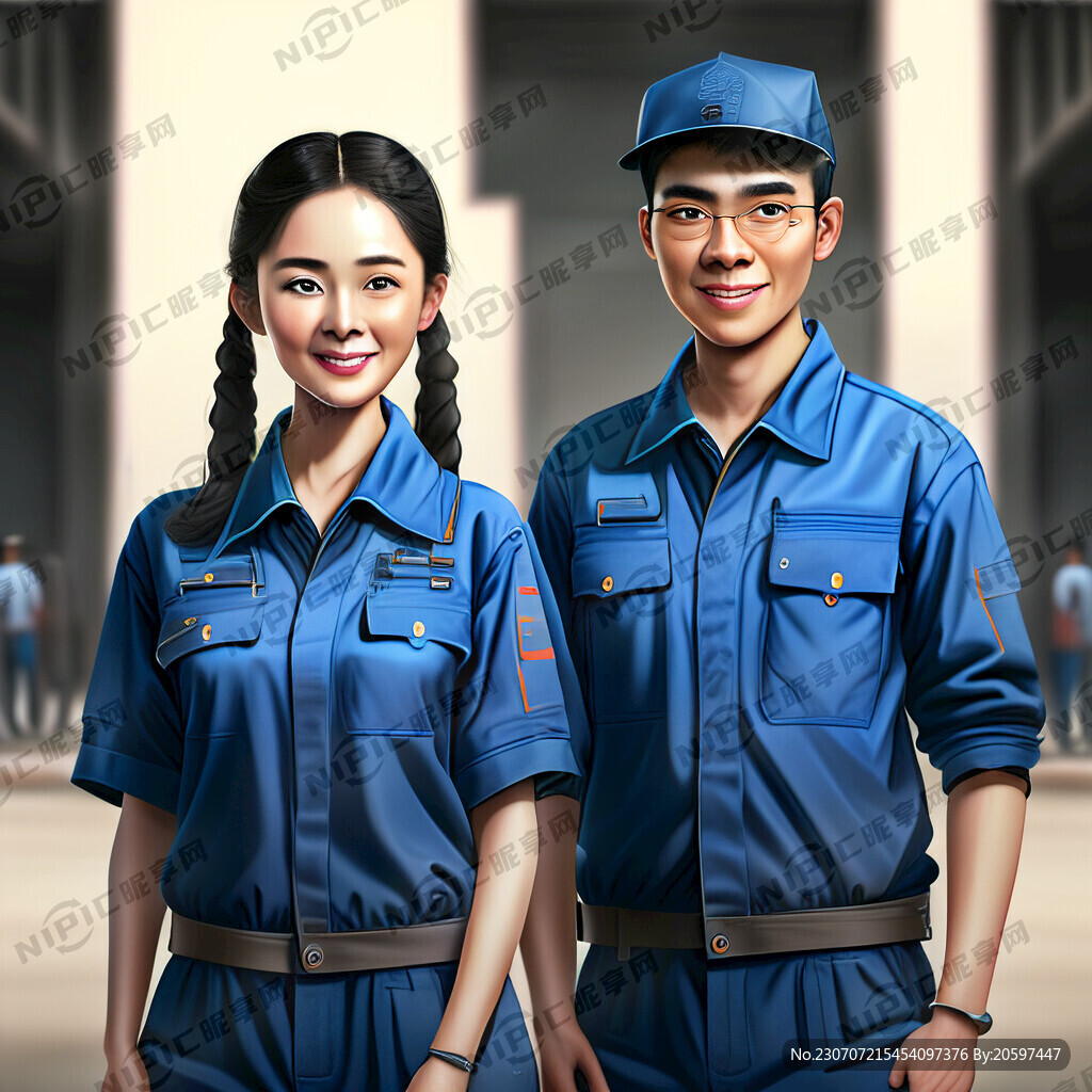 男女技工学生蓝色工作服工具包微