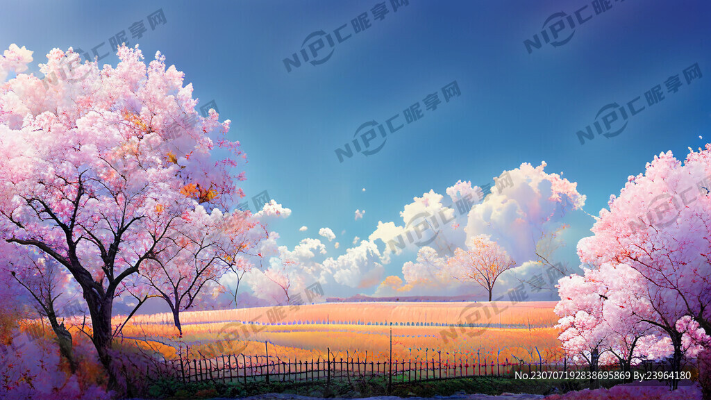 大的桃花树 有篱笆墙 梦幻场景