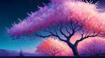 颜色鲜艳得桃花树在中间，有篱笆墙，梦幻场景，蓝紫色天空，夜晚，繁星点点，壮丽风光