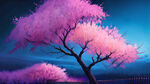 颜色鲜艳得桃花树在中间，桃花很多茂盛，树前有篱笆栏杆，梦幻场景，蓝紫色天空，夜晚，繁星点点，壮丽风光