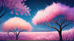 只有一颗颜色鲜艳得桃花树在中间，桃花很多茂盛，树前有篱笆栏杆，背景没有桃花树，梦幻场景，蓝紫色天空，夜晚，繁星点点，壮丽风光