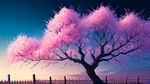 只有一颗颜色鲜艳长的茂盛得桃花树在中间，木篱笆，背景没有桃花树，梦幻场景，蓝紫色天空，夜晚，繁星点点，壮丽风光