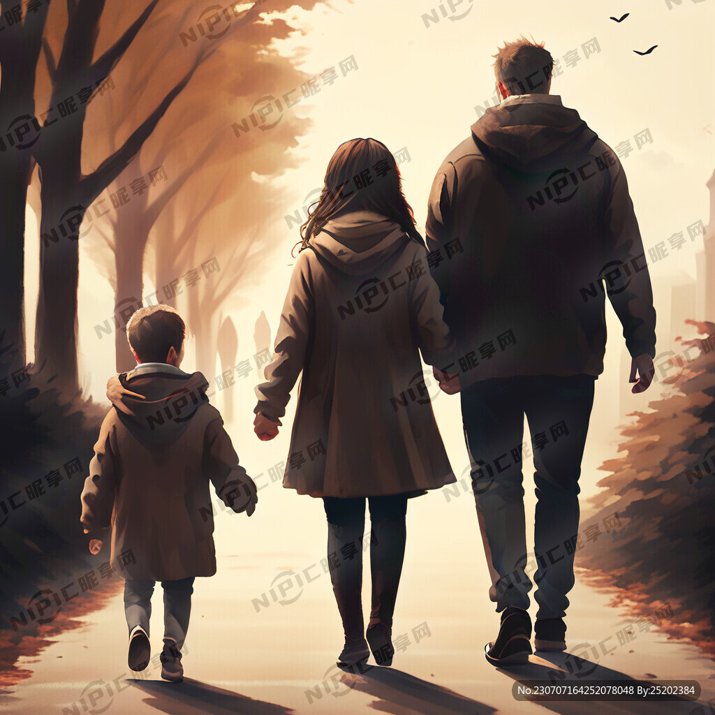 一个丈夫一个妻子牵着两个孩子行