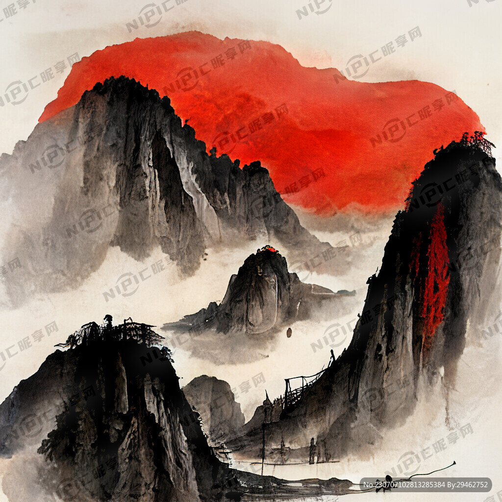 山水画 红日 渔夫 泛舟 山崖
