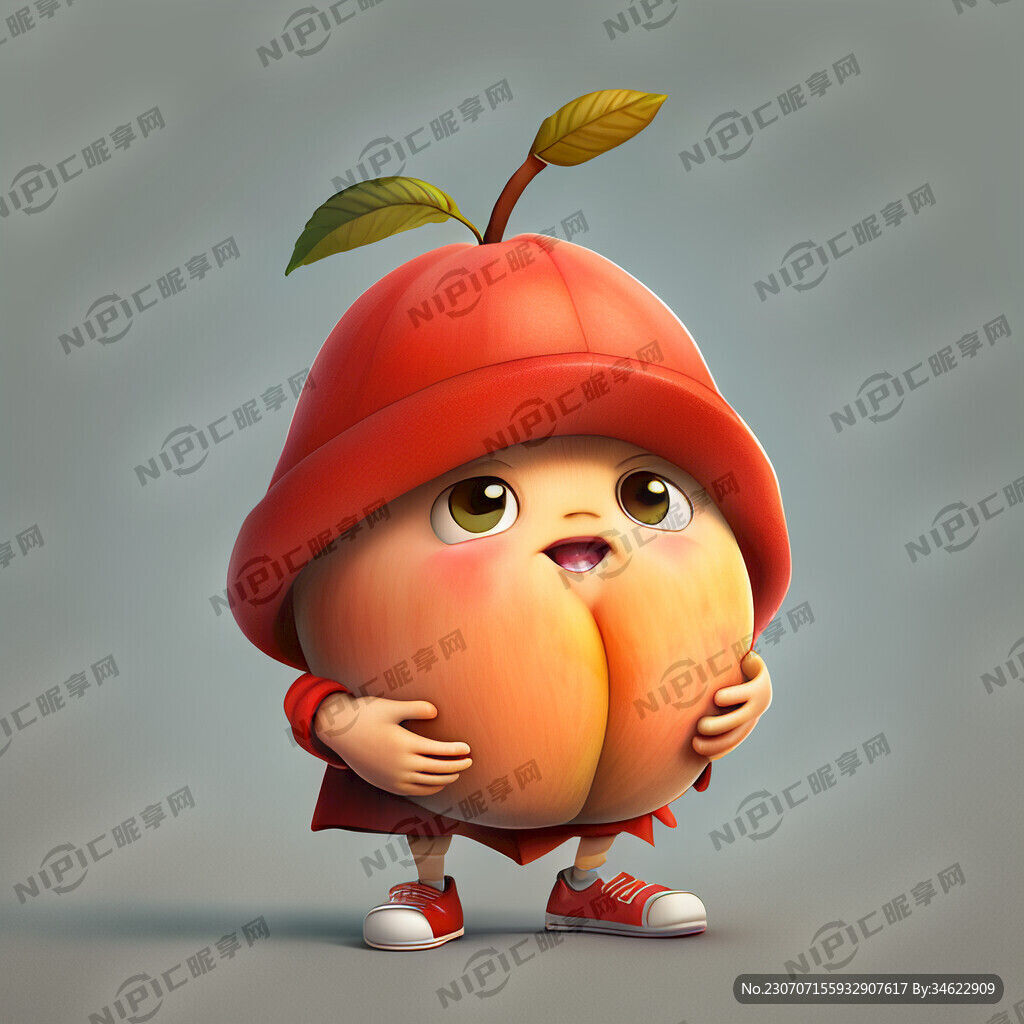 卡通人物带红色帽子 抱一个桃子