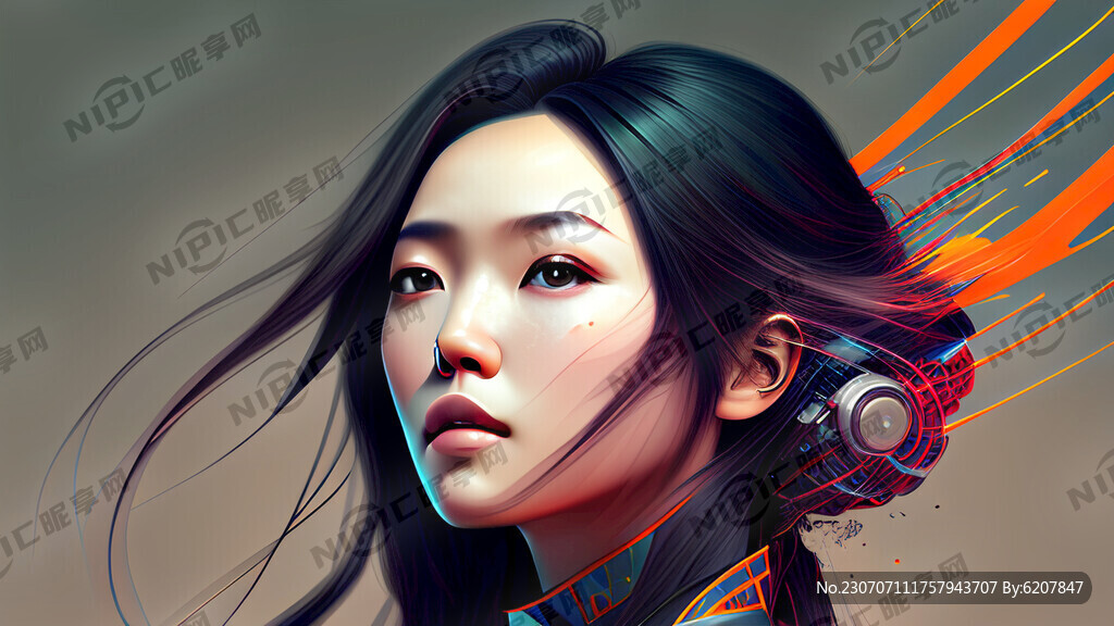 背景是色彩丰富女机器人脸部