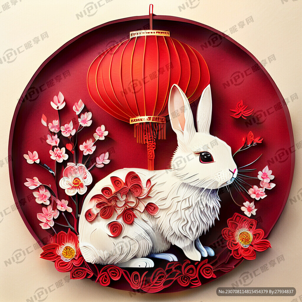 衍纸艺术 春节 可爱兔子 红梅