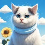 长毛奶牛猫拟人，白色爪子，白色围脖，身后有蓝天白云向日葵，可爱，卡通，萌妹