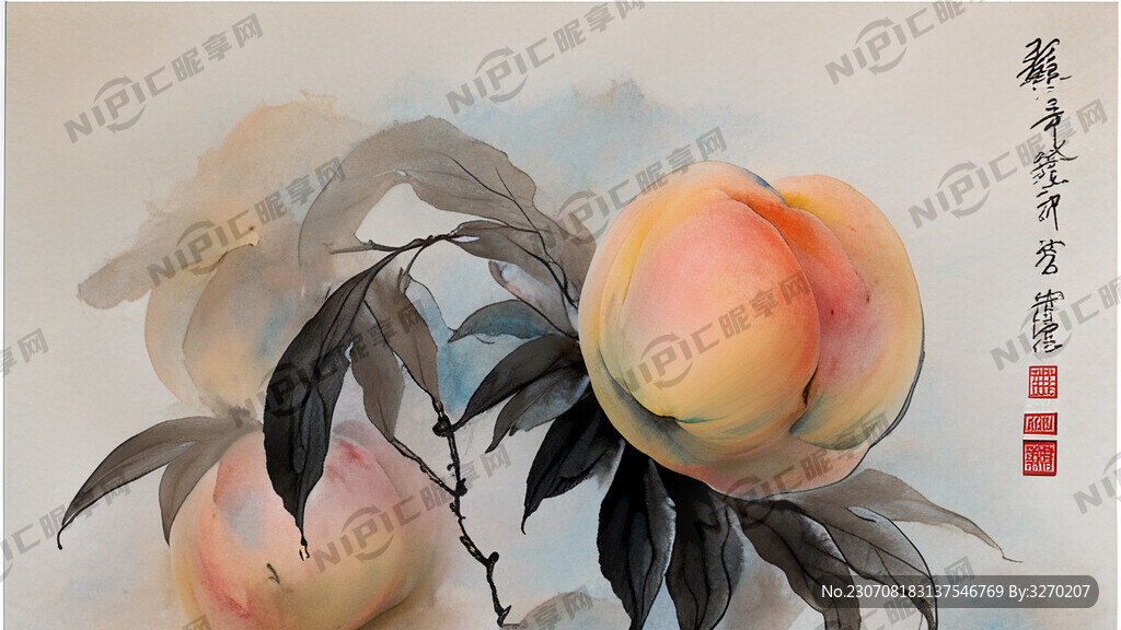 水蜜桃 粉彩 国画 水墨