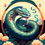 蛇，十二生肖，画风明亮，色彩丰富，有层次
