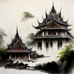傣楼，画风明亮，泰国风情，工笔画