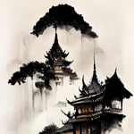 傣楼，画风明亮，泰国风情，工笔画