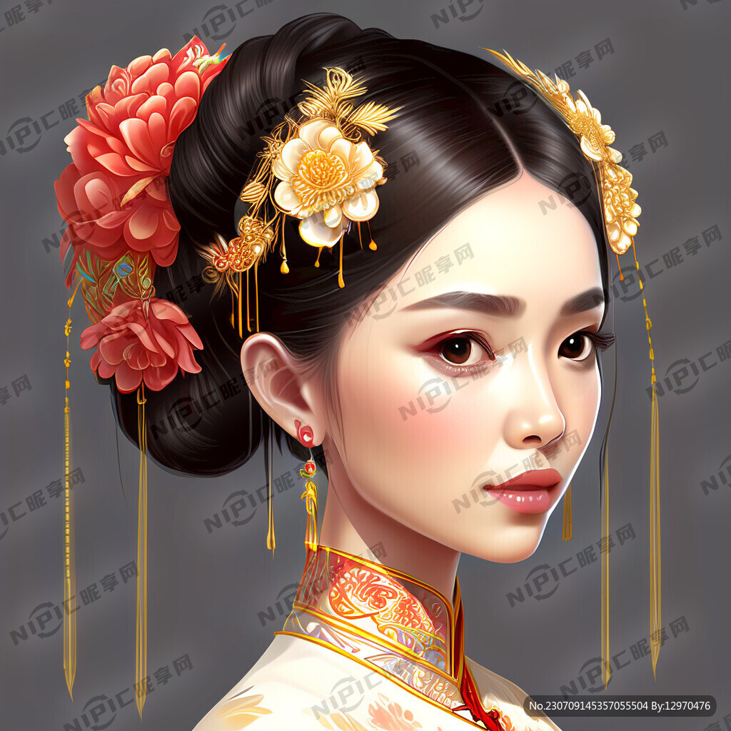 中国风新娘漂亮害羞头饰卡通