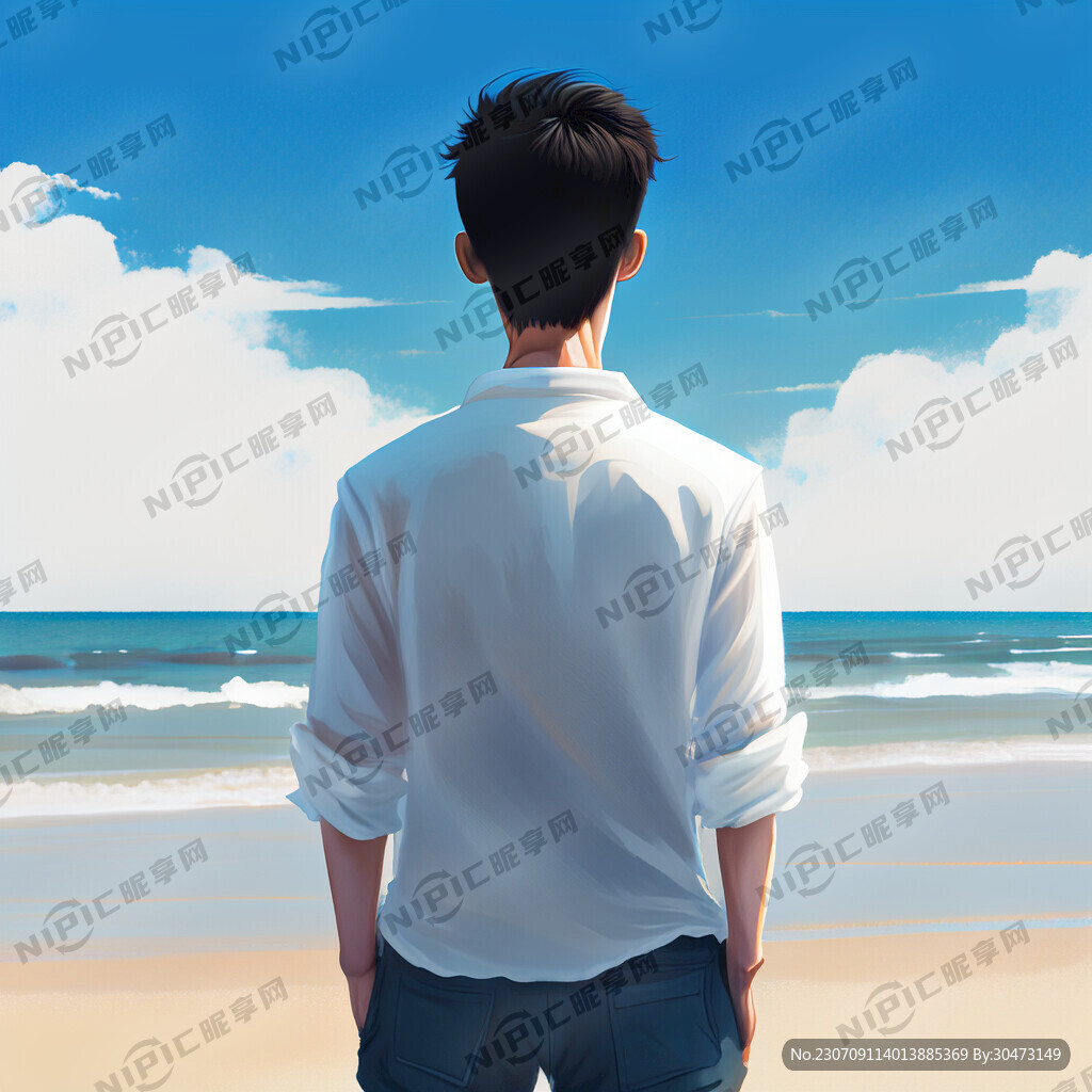 沙滩海边白色衬衫青年背影瞭望远