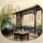 民国风格，茶馆，层次感强，色彩丰富