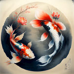 锦鲤，画风明亮，
层次感强，国画手绘