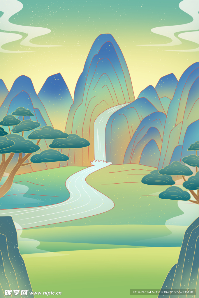 彩色山水树木插画
