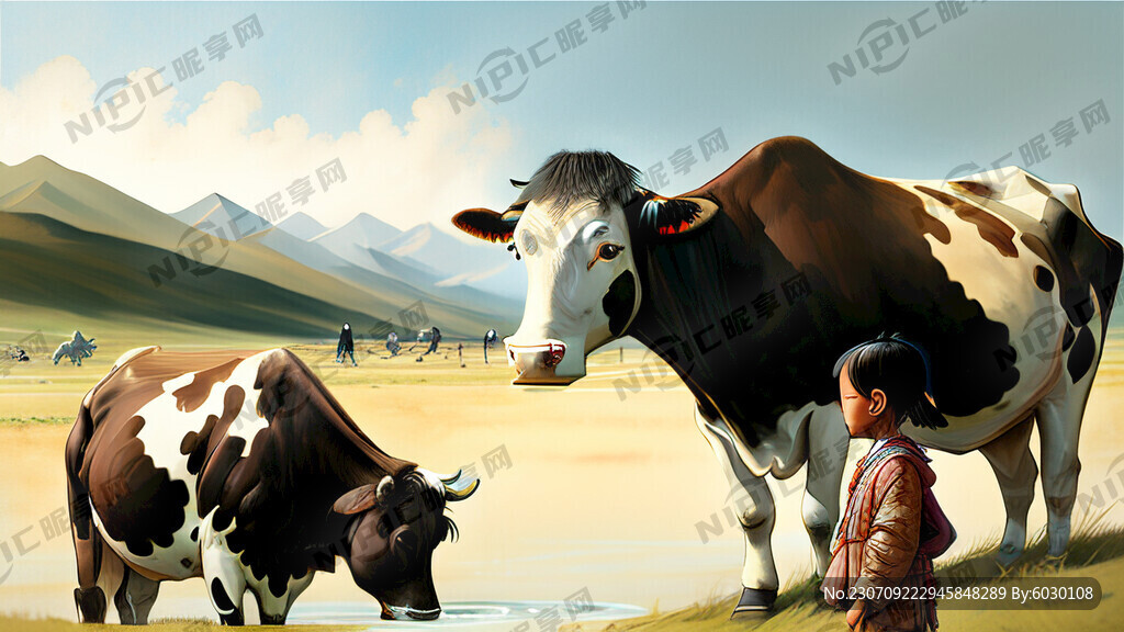 牧场美景 奶牛 哈萨克小孩