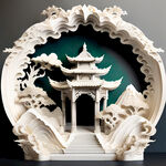 中国风的类剪纸雕塑作品，有山，云，龙，仙鹤，亭台楼阁，白色调，有大理石和玉石的质感。复杂，高级。